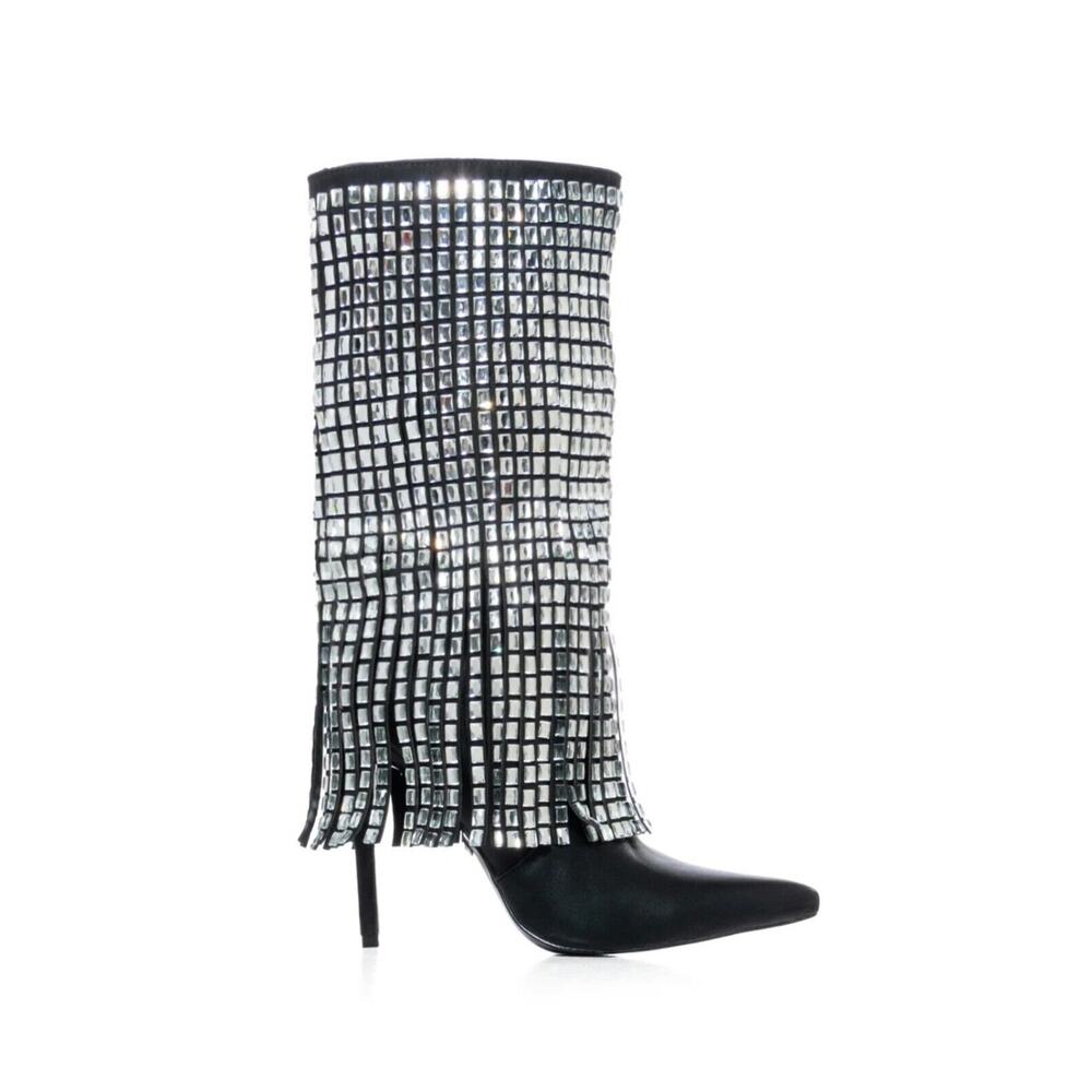 AZALEA WANG Spinner Embellished Rhinestone Mid Calf Boot Black NWB Size 8